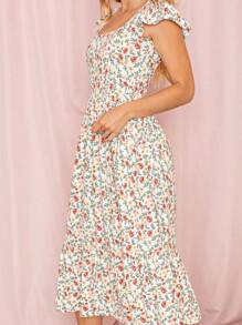 Boho Retro Ditsy Floral Flutter Puff Sleeve Square Neck Tiered Ruffle Tea Midi Length Classic Bridgerton Dress - Yellow - View 6