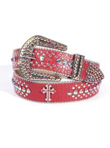 Rhinestone Embellished Cross Buckle Glittery Western Cowgirl Belt, Zinc Alloy Crystal Cross Studded Belt, Suitable For All Seasons Valentine's Day Valentines - A - Xem 24