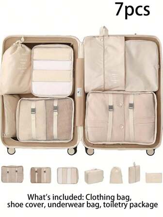 7 delar/set reseorganisatör, bagagekuber, kompressionsväskor med stor kapacitet, hängande necessär, moderiktiga resetillbehör inkluderar skoväska, klädväska, sminkväska, borstväska, handväska, teknikorganisatör, förvaringsväskor smink resenecessär viktiga presenter förvaring dragkedja tillbehör nagel, sminkväskor, kosmetiska väskor, kosmetiska väska, julklappar, fodral, kuvertväska / liten handväska, sminkorganisatör, fodral, borsthållare, minifodral, fodral stor kapacitet