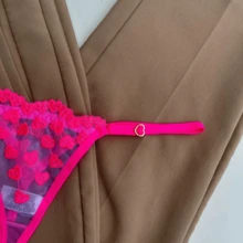 Lokoorgax Kit cinta liga mais calcinha de tule bordado de coração roupa íntima lingerie feminina langerie - Fúcsia - Visão 2