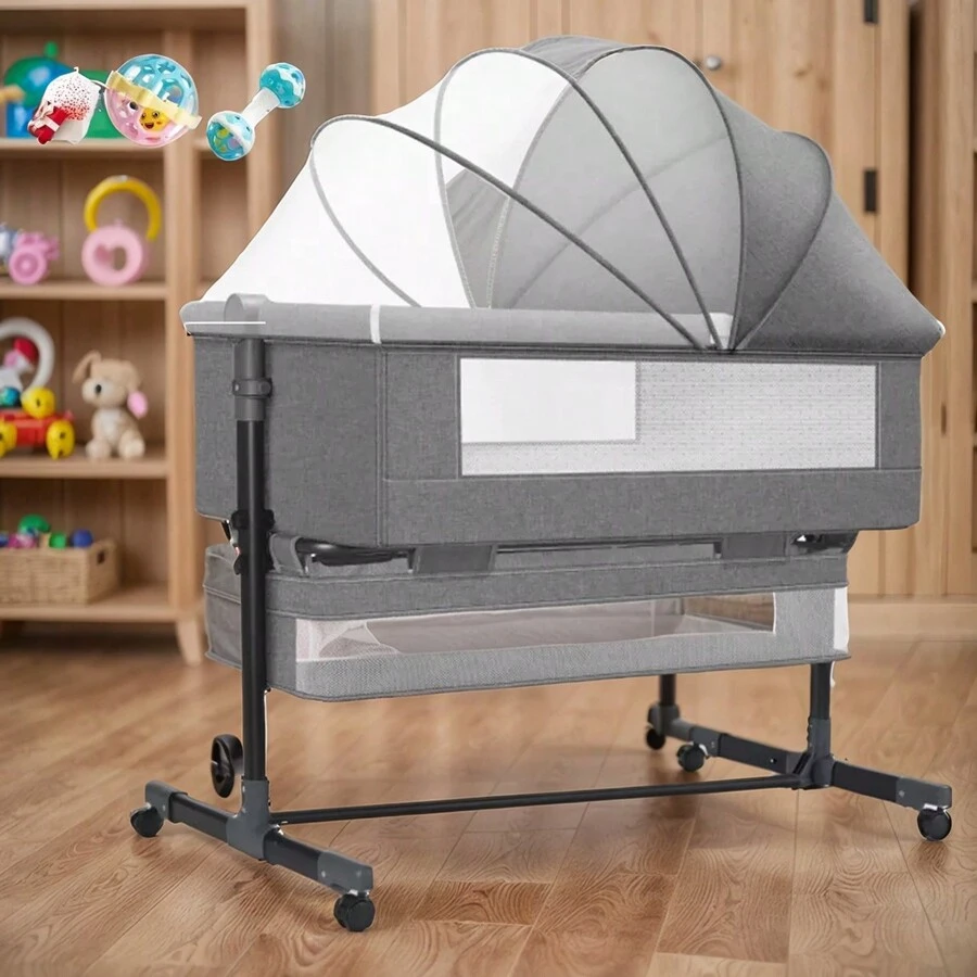 Cuna Cambiador Mecedora Para Bebé Con Mosquitero Integrado,Cuna Corral Para Bebe Con Corral Y Ruedas Colecho,Cuna Colecho Bebe Cama Corral Ruedas Mosquitero Abatible Color Gris - Gris Claro - Ver 1
