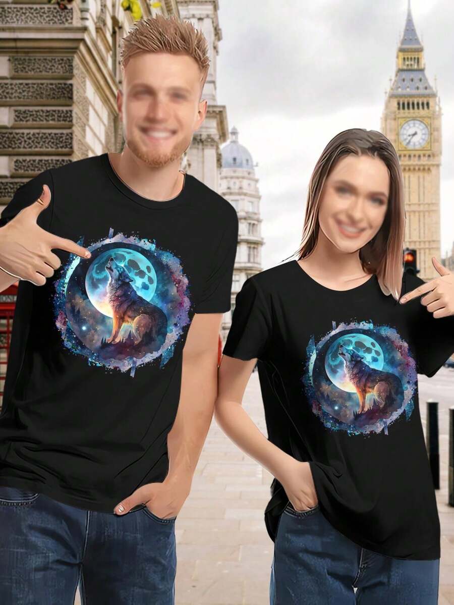 Lovers Wolf Howling Moon Glitch Art T-Shirt Animal Pixel Art Glitch Aesthetic Full Moon Wolf Lover - 黑色 - 查看 1