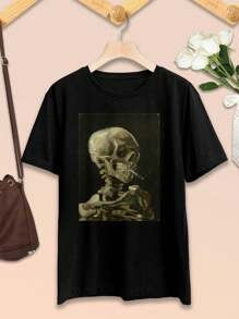 Valentine's Day T-Shirt Van Gogh Style Skull With Burning Cigarette (1886) - Ladies' Tee
