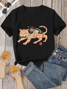 Lovers Fierce Catana T-Shirt Cute Cat Samurai Warrior Design for Ladies (Animal Feline Japan Japanese)