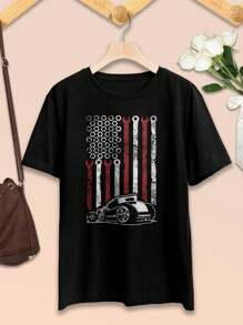 Lovers' Hot Rod Flag T-Shirts American Independence Day Mechanic USA Vehicle Design For Women