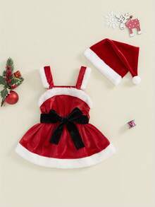 Vestido navideño para niñas pequeñas, de terciopelo, con ribete de rizo y lazo en la cintura, sin mangas, corte A, vestido camisola con sombrero - Rojo - Ver 2
