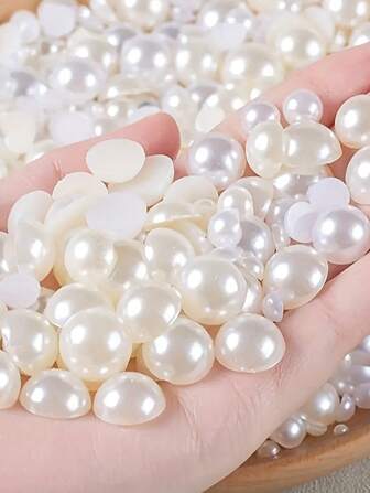 30/50/100 Pcs 6/8/10mm Flat Half Round Faux Pearl Beads, Multi-Hole Ivory Beads, DIY Phone & Nail Art Decor, Suitable For Clothing, Dress, Hat Applique, Jewelry Making