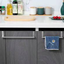 1pc/2pcs Stainless Steel Towel Rack, Over The Door Towel Hanger, Kitchen Accessories, Home Organization, No Drilling Cabinet Cloth Hanging Rack, Single Bar Kitchen Towel Holder