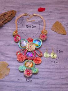 Exaggerated Multi-Layer Handmade Beaded Necklace And Earrings Set, Bohemian Vintage Style For Party, Holiday, Suitable For Women - Multicolor - View 4