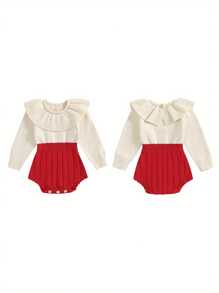 Suéter para niña recién nacida, mono de manga larga con cuello de muñeca de color en contraste, mono de otoño e invierno - Rojo - Ver 2