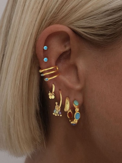 7pcs Elegant Blue Zirconia Stud Earrings Set, Minimalist Style Suitable For Women, Dates, Parties, Commuting