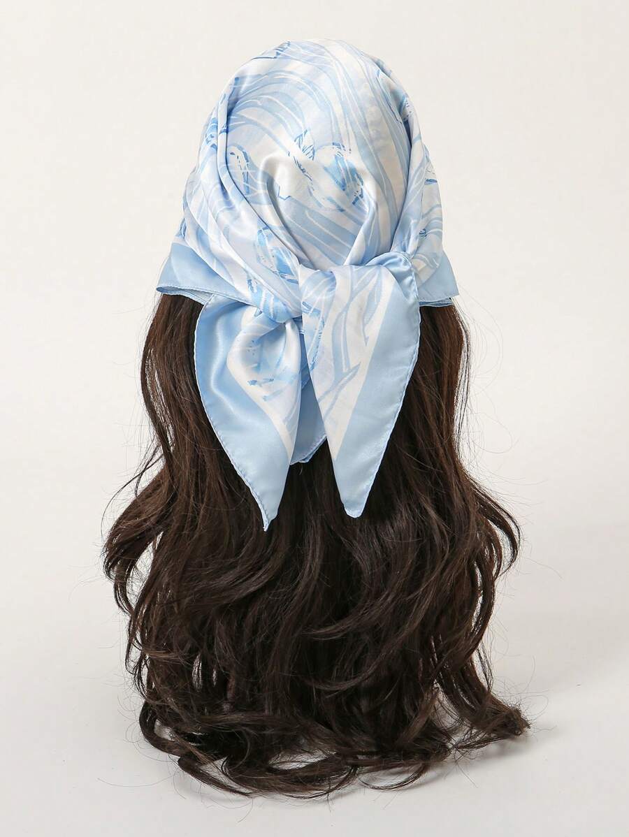 1pc Minimalist Printed 70 Square Inch Bandana, Versatile Waist Band, Hair Accessory, Headband, Fashion Scarf For Women, Spring/Autumn For Dress - Baby Blue - View 1
