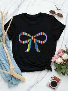 Valentine's Day Colored Bow T-Shirts For Women Girls Chromatic Geometric Decorative Bow Designs