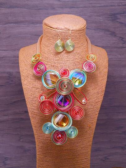 Exaggerated Multi-Layer Handmade Beaded Necklace And Earrings Set, Bohemian Style Fashion Vintage Resort Party Jewelry For Women, Aluminum Wire And Glass Crystal