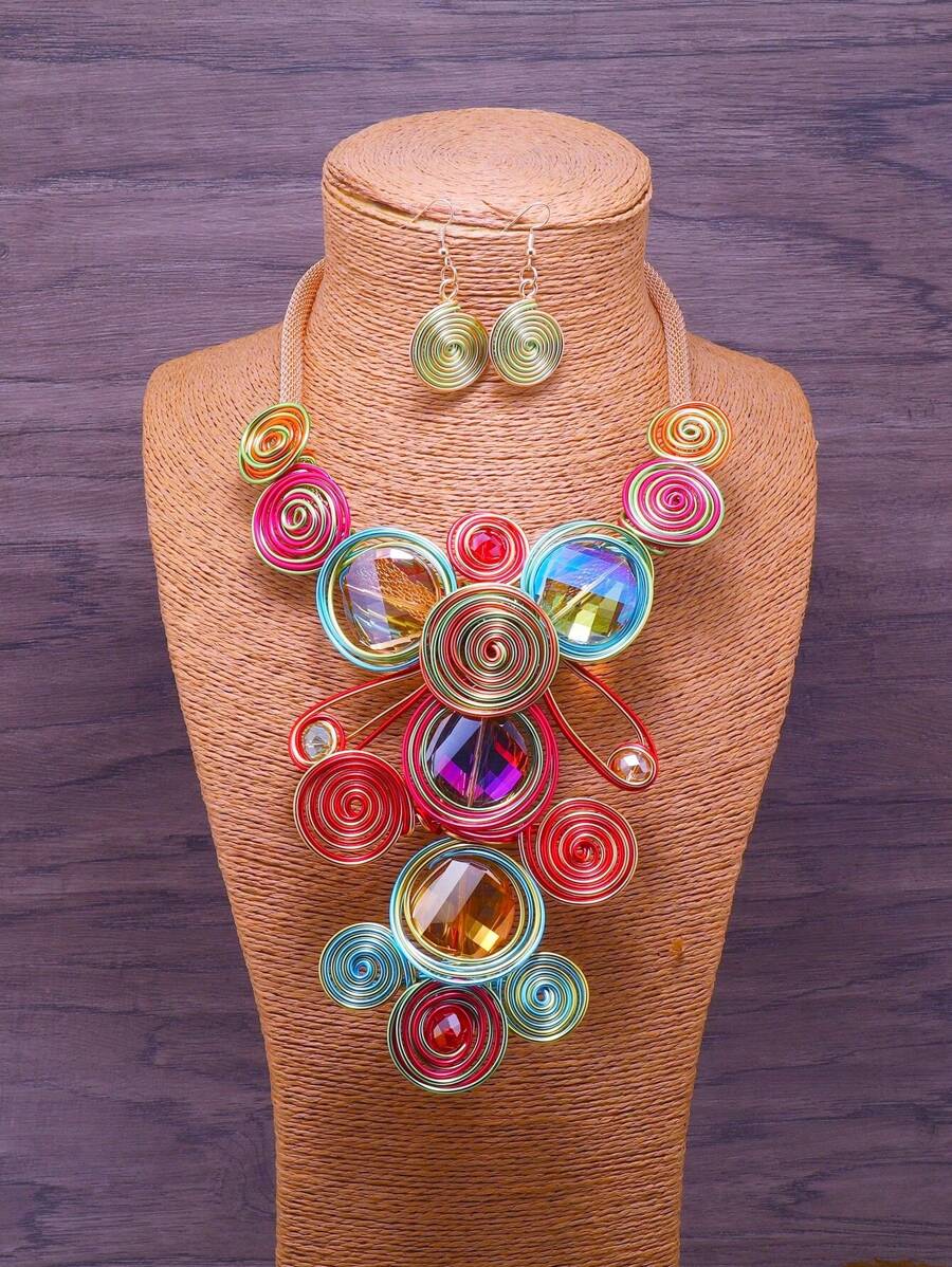 Exaggerated Multi-Layer Handmade Beaded Necklace And Earrings Set, Bohemian Vintage Style For Party, Holiday, Suitable For Women - Multicolor - View 1