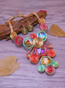 Exaggerated Multi-Layer Handmade Beaded Necklace And Earrings Set, Bohemian Vintage Style For Party, Holiday, Suitable For Women - Multicolor - View 5