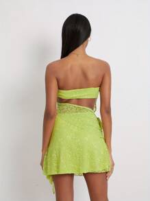Womens 2 Piece Summer Outfits Sleeveless Off Shoulder Tube Tops Lace Floral Skirt Set - Green - View 4