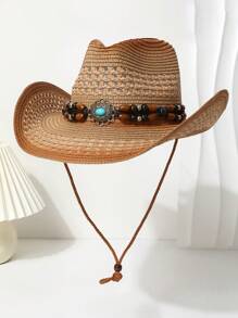 1pc Women's Zirconia Chain Decorated Gradient Perforated Windproof Rope Straw Hat, Panama Hat, Spring/Summer Unisex Fashion Versatile Sun Protection Hat Suitable For Daily Wear, Beach, Outdoor, Vacation - Top Hat - View 13