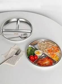 1pc/3pcs Portion Control Plate, 22.5cm Round Stainless Steel 3-Compartment Plate, Diet Meal Tray For Adults And Children