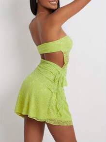 Womens 2 Piece Summer Outfits Sleeveless Off Shoulder Tube Tops Lace Floral Skirt Set - Green - View 3