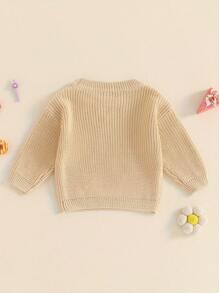 Suéter para niña, manga larga, cuello redondo, letras de flores, suéter de punto cálido de invierno, tops de cumpleaños - Caqui - Ver 6