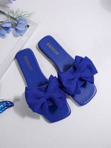 Women Flat Sandals With Bow Decor, Summer Fashion Casual Non-Slip Beach Party Slippers, Available In Black, White, Pink, Burgundy, Navy, Green, Gold, Red And Other Colors - Royal Blue - View 4