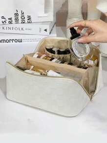 1-częściowa kosmetyczka podróżna, PU wodoodporne pudełko do przechowywania kosmetyków, wielokomorowa kosmetyczka, przenośne pudełko do przechowywania perfum, torba do organizowania i przechowywania, wielofunkcyjna kosmetyczka podróżna do przechowywania szminek, makijażu, pędzli, produktów do pielęgnacji skóry i perfum. Niezbędnik na letnie podróże. Prosty styl, organizer na kosmetyki w stylu boho Akcesoria łazienkowe Powrót do szkoły