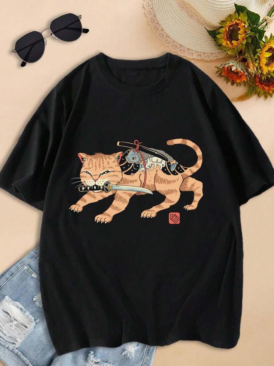 Lovers Fierce Catana T-Shirt Cute Cat Samurai Warrior Design for Ladies (Animal Feline Japan Japanese)