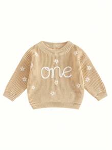 Suéter para niña, manga larga, cuello redondo, letras de flores, suéter de punto cálido de invierno, tops de cumpleaños - Caqui - Ver 1