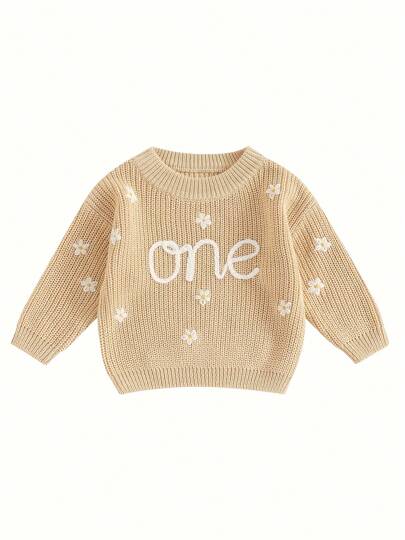 Suéter de bebé niña de manga larga, cuello redondo, estampado de letras florales, suéter de punto para otoño e invierno, tops de cumpleaños