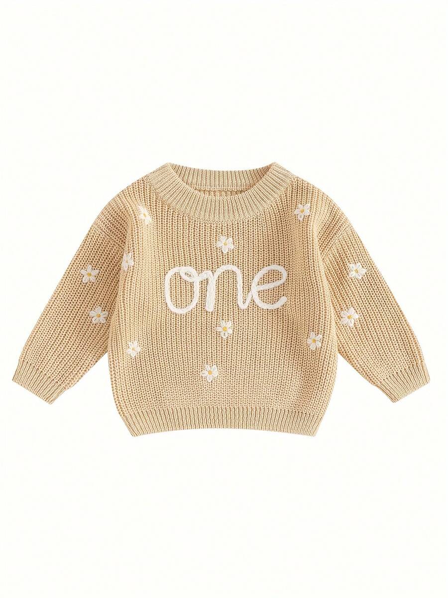 Suéter para niña, manga larga, cuello redondo, letras de flores, suéter de punto cálido de invierno, tops de cumpleaños - Caqui - Ver 1