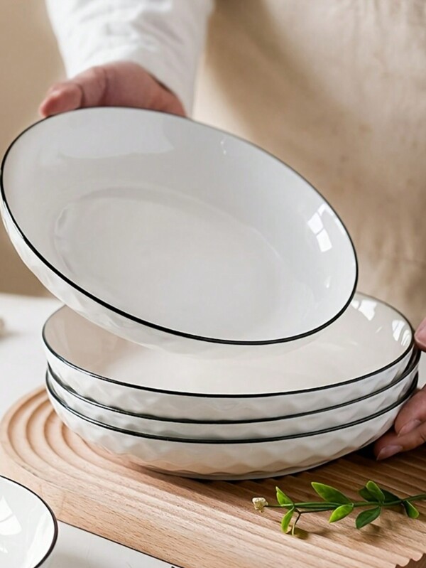 4pcs/Set Diamond Pattern Ceramic Salad Plates - 8" Dinner Plates, 7" Round Plates, Dishware For Pasta, Salad, Dessert, Sushi - Multipurpose Kitchen Dinnerware Set For Dining, Home Gatherings, Hot Pot, BBQ - , Year-Round Tableware