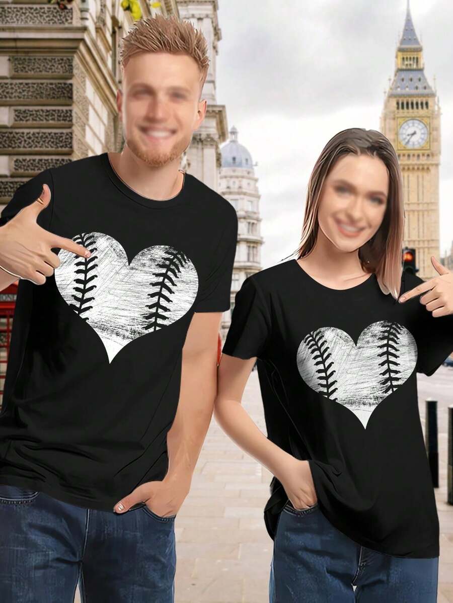 Valentine's Day Baseball Heart Cute Graphic Tee Baseball Mom Player Lover Tees For Women - Black - View 1