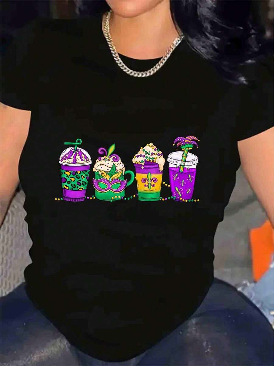 Happy  Mardi Gras Shirt, Mardi Gras Costume, Women's Cotton Soft Breathable Comfort-Fit Crew Neck Tee ,Mardi Gras Party Tee - Black - View 1