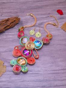 Exaggerated Multi-Layer Handmade Beaded Necklace And Earrings Set, Bohemian Vintage Style For Party, Holiday, Suitable For Women - Multicolor - View 3