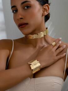 1 套优雅时尚百搭高品质不对称戒指 + 手链 + 项链波西米亚风格首饰套装，铁材质，适合女性，适合日常佩戴和海滩度假 - 高貴戒指手鐲項圈套裝 - 查看 6