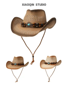 1pc Women's Zirconia Chain Decorated Gradient Perforated Windproof Rope Straw Hat, Panama Hat, Spring/Summer Unisex Fashion Versatile Sun Protection Hat Suitable For Daily Wear, Beach, Outdoor, Vacation - Top Hat - View 11