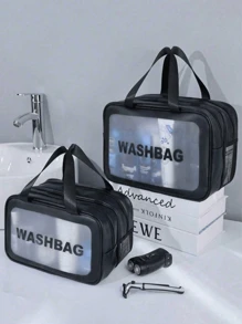 3pcs/Set Summer Travel Double Layer Makeup Bag, Large Capacity PVC Toiletry Bag, Multi-Function Luggage Bag, Makeup Brush Organizer, Hanging Toiletry Bag, Cosmetic Storage Bag, Data Bag, Luggage Bag Suitable For Lipstick, Makeup Brushes, Makeup Pens, Eyeshadow, Mirror, Eyeliner, Lip Gloss, Skincare, Toothbrush, Toothbrush Cup, Soap, Shampoo, Comb, Watch, Phone, Necklace, Jewelry, Digital Products Storage