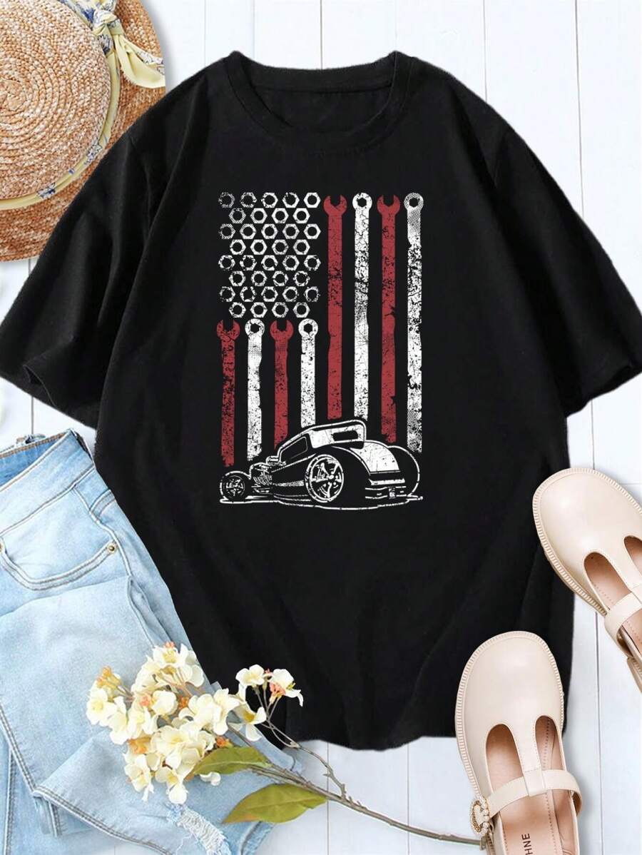 Lovers' Hot Rod Flag T-Shirts American Independence Day Mechanic USA Vehicle Design For Women
