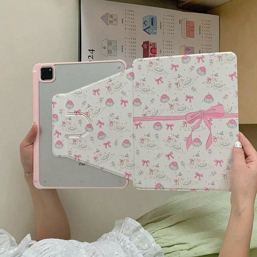 1 Pc Cute Pink Bow 720 Rotating Tablet Case, Ipad 10 Case With Pen Slot, Clear Crystal Back Cover, Support Sleep/Wake Function, Compatible With Huawei, IPad - Multicolor - View 1