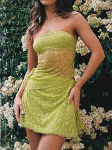 Womens 2 Piece Summer Outfits Sleeveless Off Shoulder Tube Tops Lace Floral Skirt Set - Green - View 6