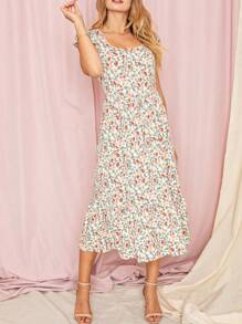 Boho Retro Ditsy Floral Flutter Puff Sleeve Square Neck Tiered Ruffle Tea Midi Length Classic Bridgerton Dress - Yellow - View 5