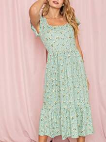 Boho Retro Ditsy Floral Flutter Puff Sleeve Square Neck Tiered Ruffle Tea Midi Length Classic Bridgerton Dress - Sage - View 2