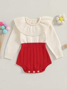 Suéter para niña recién nacida, mono de manga larga con cuello de muñeca de color en contraste, mono de otoño e invierno - Rojo - Ver 4