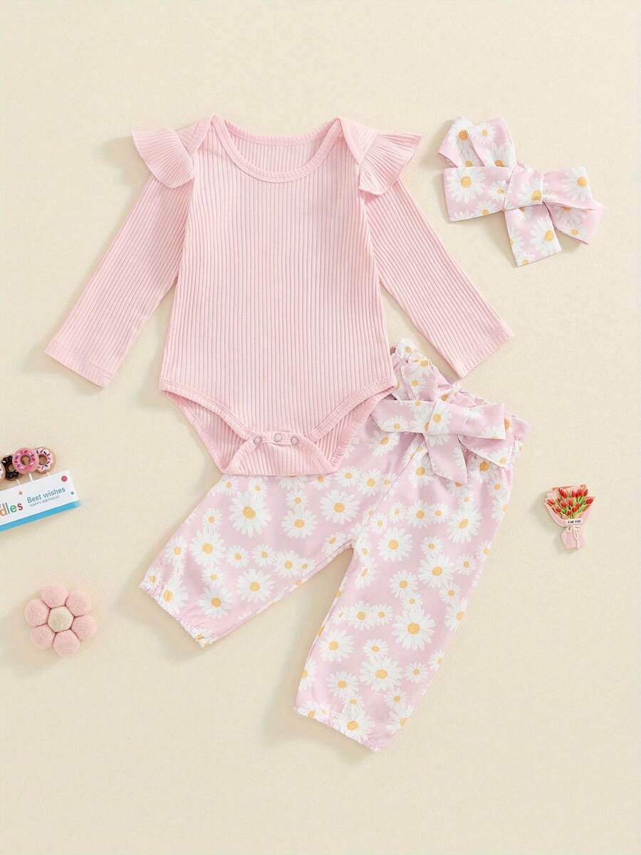 Baby Girls 3 Piece Outfit Long Sleeve Ruffled Ribbed Romper Daisy Print Lacing Pants Hairband Set - Pink - View 1