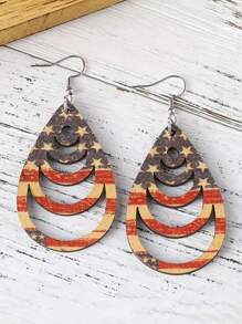 1 Pair New American Independence Day Themed Wooden Water Drop Earrings, Hollow Earrings With Flag & Rooster Design, Fashion Jewelry Gift For Friends