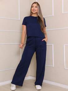 Women's Set Of Wide Leg Pants And Comfortable Sweatshirt Top Summer - Màu xanh hải quân - Xem 1