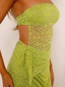 Womens 2 Piece Summer Outfits Sleeveless Off Shoulder Tube Tops Lace Floral Skirt Set - Green - View 9