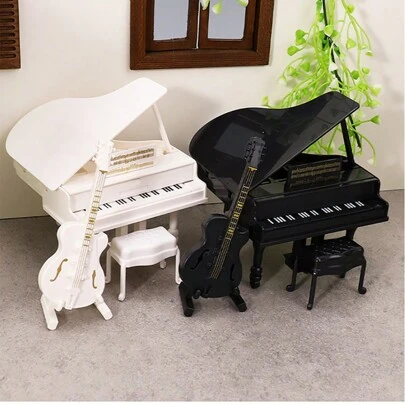 1 pieza Conjunto de regalo mini piano-guitarra, piano de cola mini realista y guitarra, decoración de casa de muñecas, modelo en miniatura, decoración de piano de cola mini blanco y negro