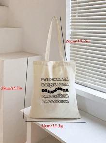 Una bolsa de lona beige de moda con diseño artístico de letras y patrones para mujeres, adecuada para viajes y uso diario como una práctica bolsa de compras. - Beis - Ver 5